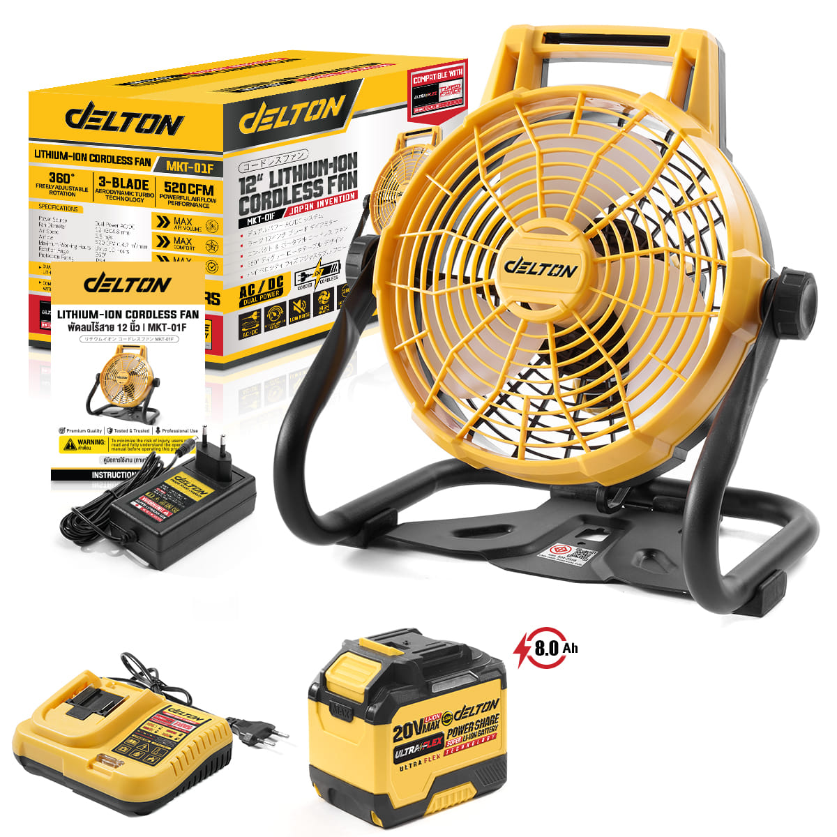พัดลมไร้สาย 12 นิ้ว (พร้อมแบตเตอรี่) DELTON รุ่น MKT-01F ULTRAFLEX 20V 8AH_1